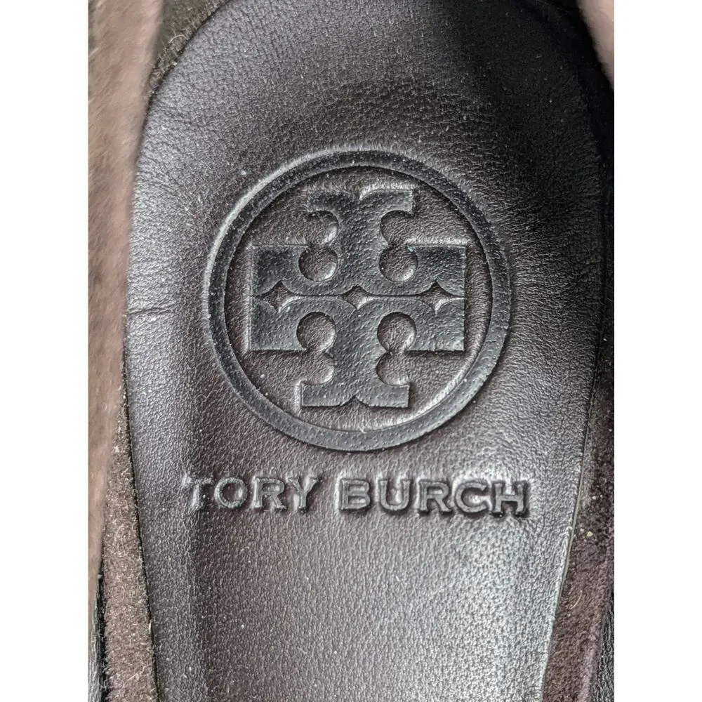Tory Burch Maddie Pump 9.5 Brown Suede Block Heel Gold Logo Medallion Double T